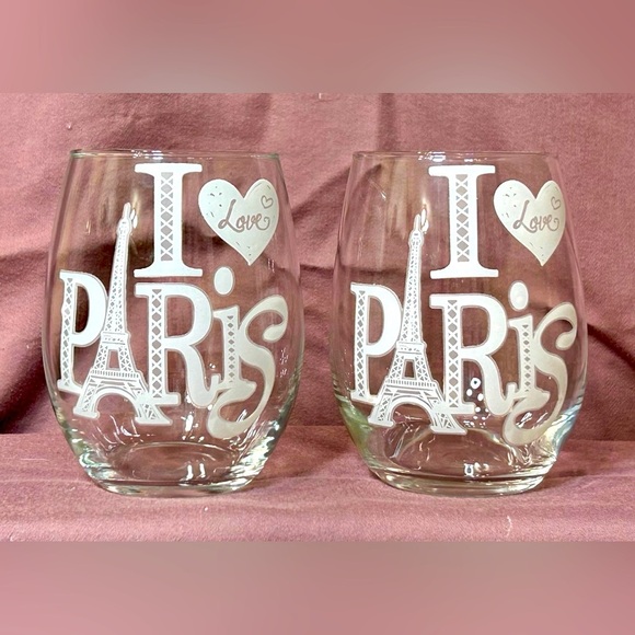 Stemless Wine Glasses Pair - Set of 2 - I Love Paris - Picture 1 of 3